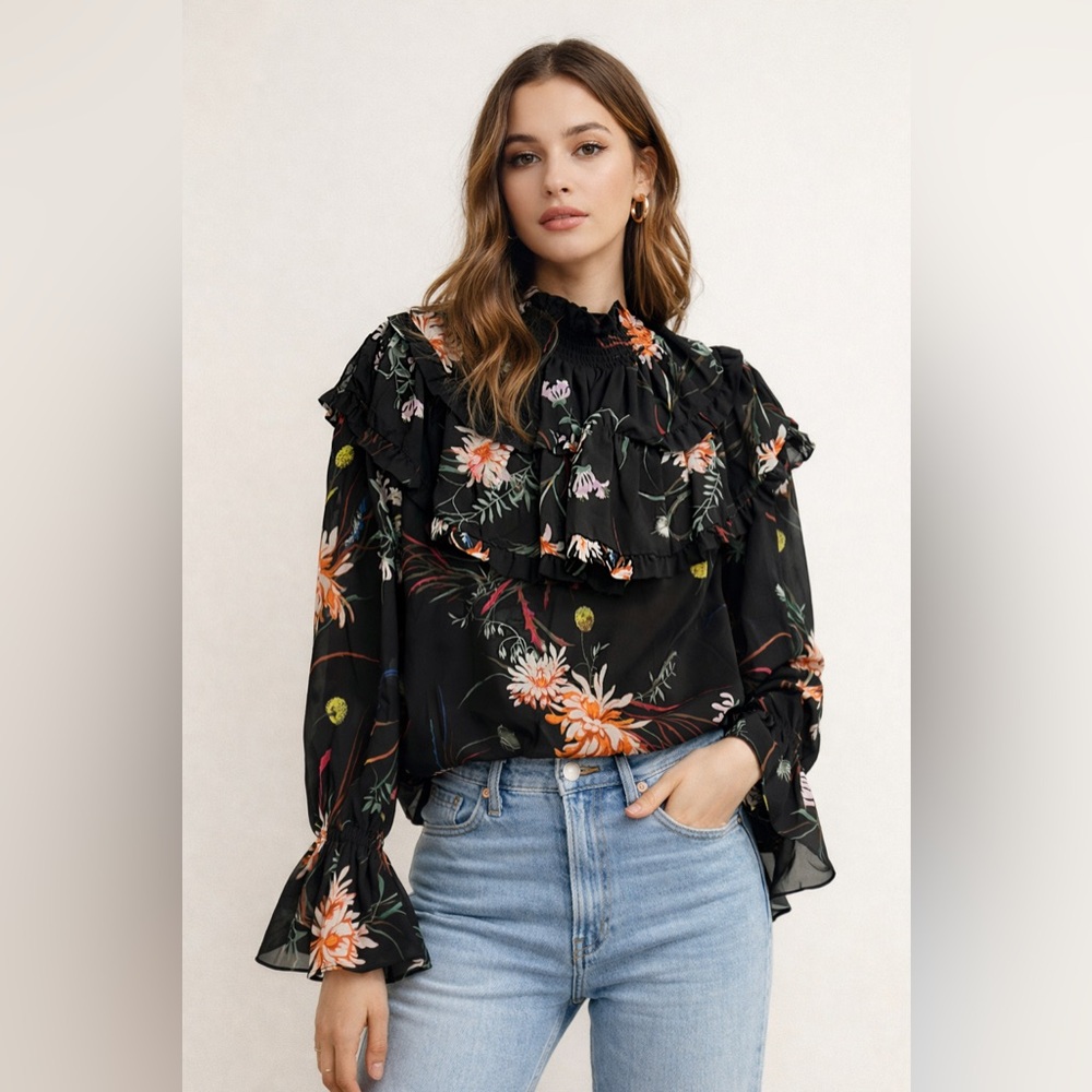 H & M Black Floral Ruffle‎ Trimmed Chiffon Blouse Sz. XL